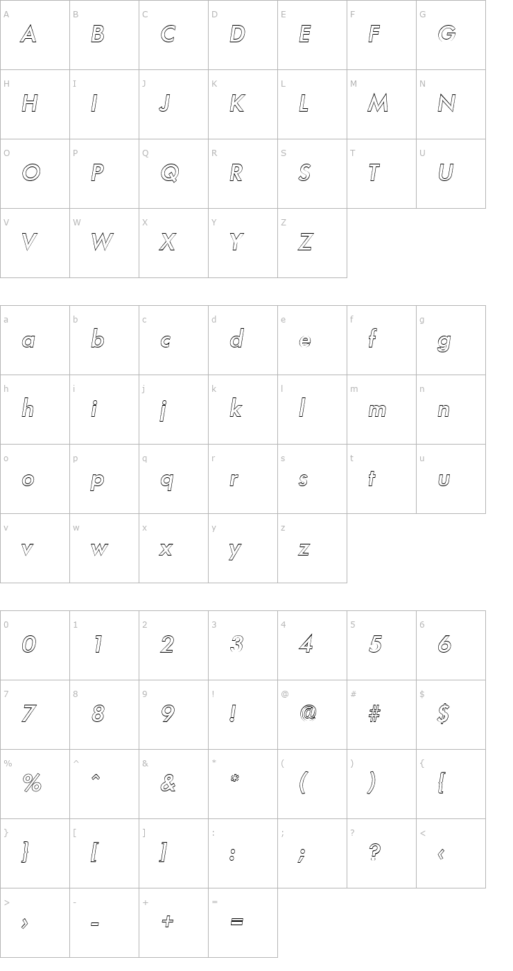 Character Map PeterBeckerOutline-Medium-Italic Font