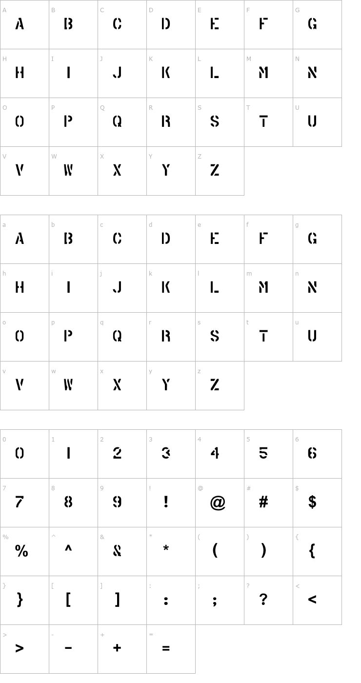 Character Map PHANTOM STENCIL Font