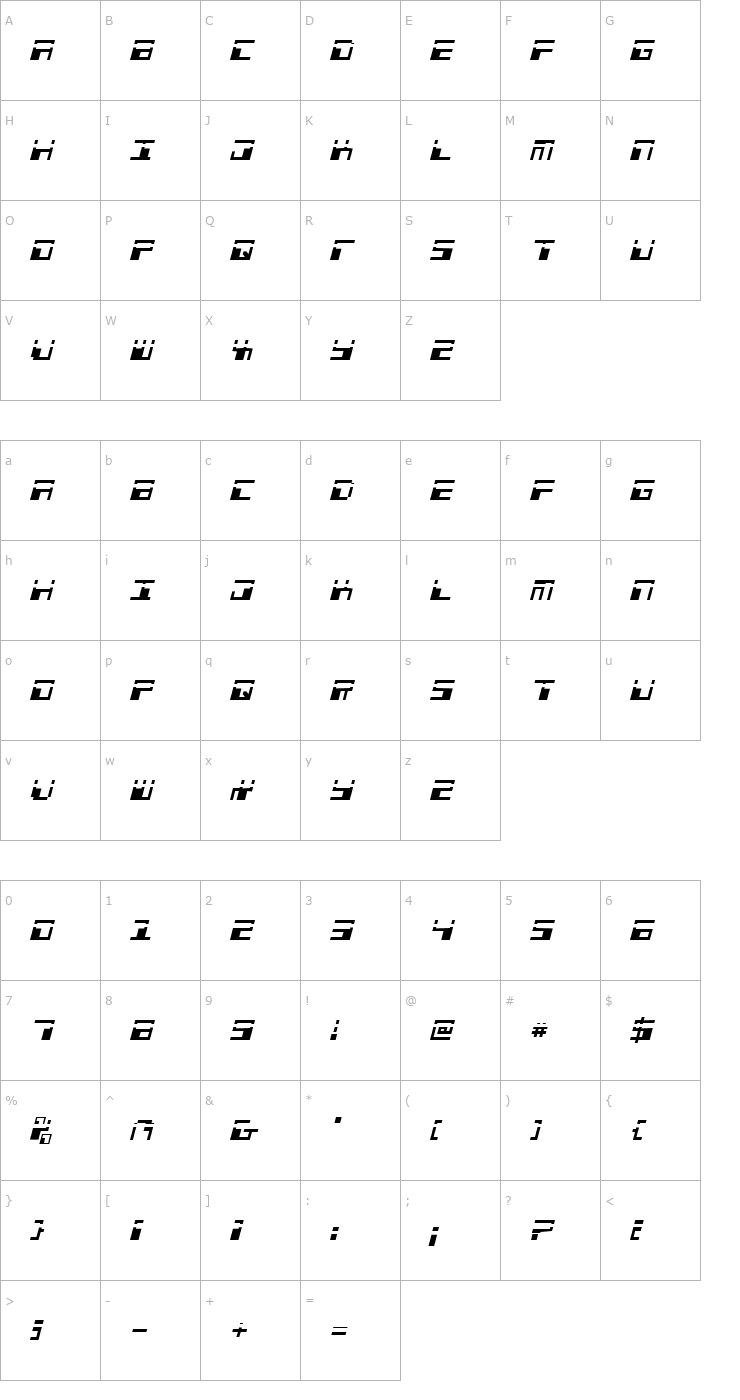 Character Map Phaser Bank Laser Italic Font