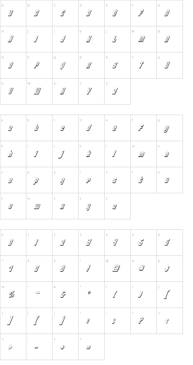 Character Map Philadelphia 3D Italic Font