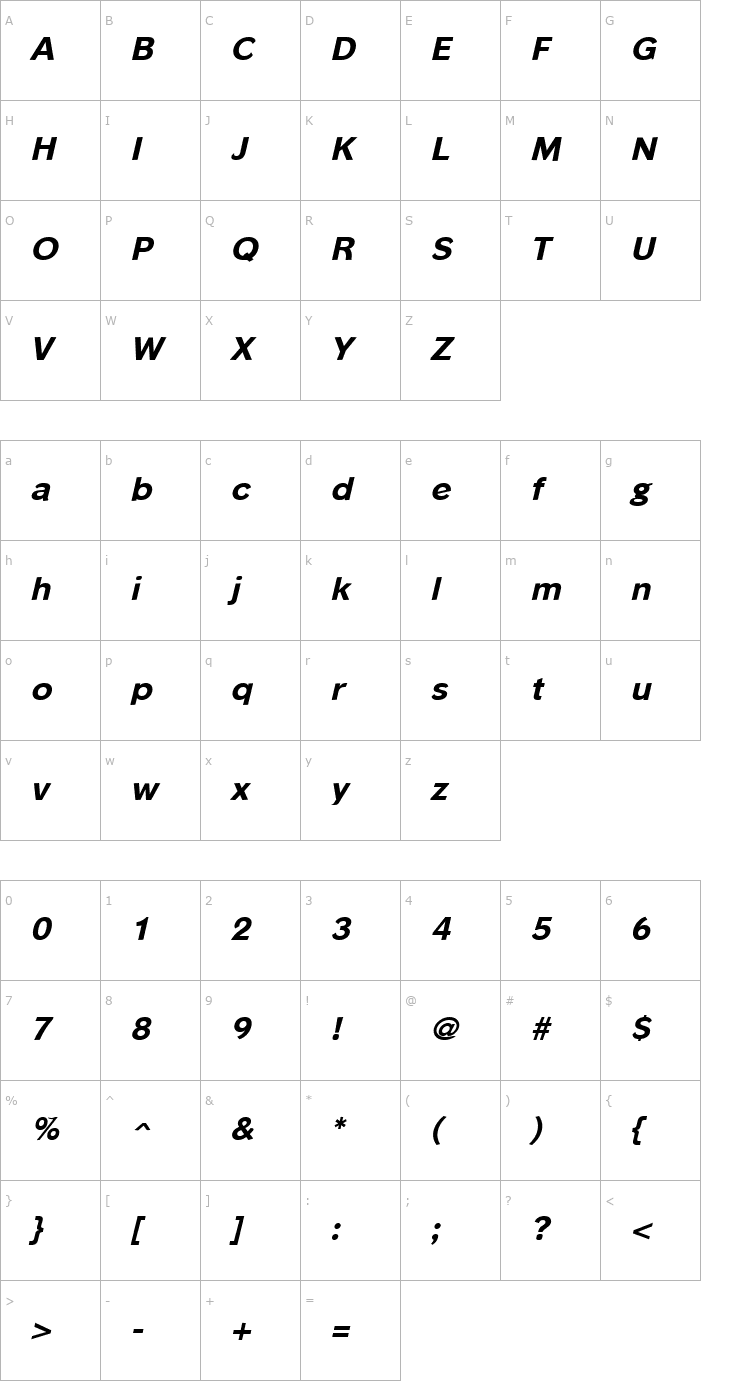 Character Map Phinster Extrabold Italic Font