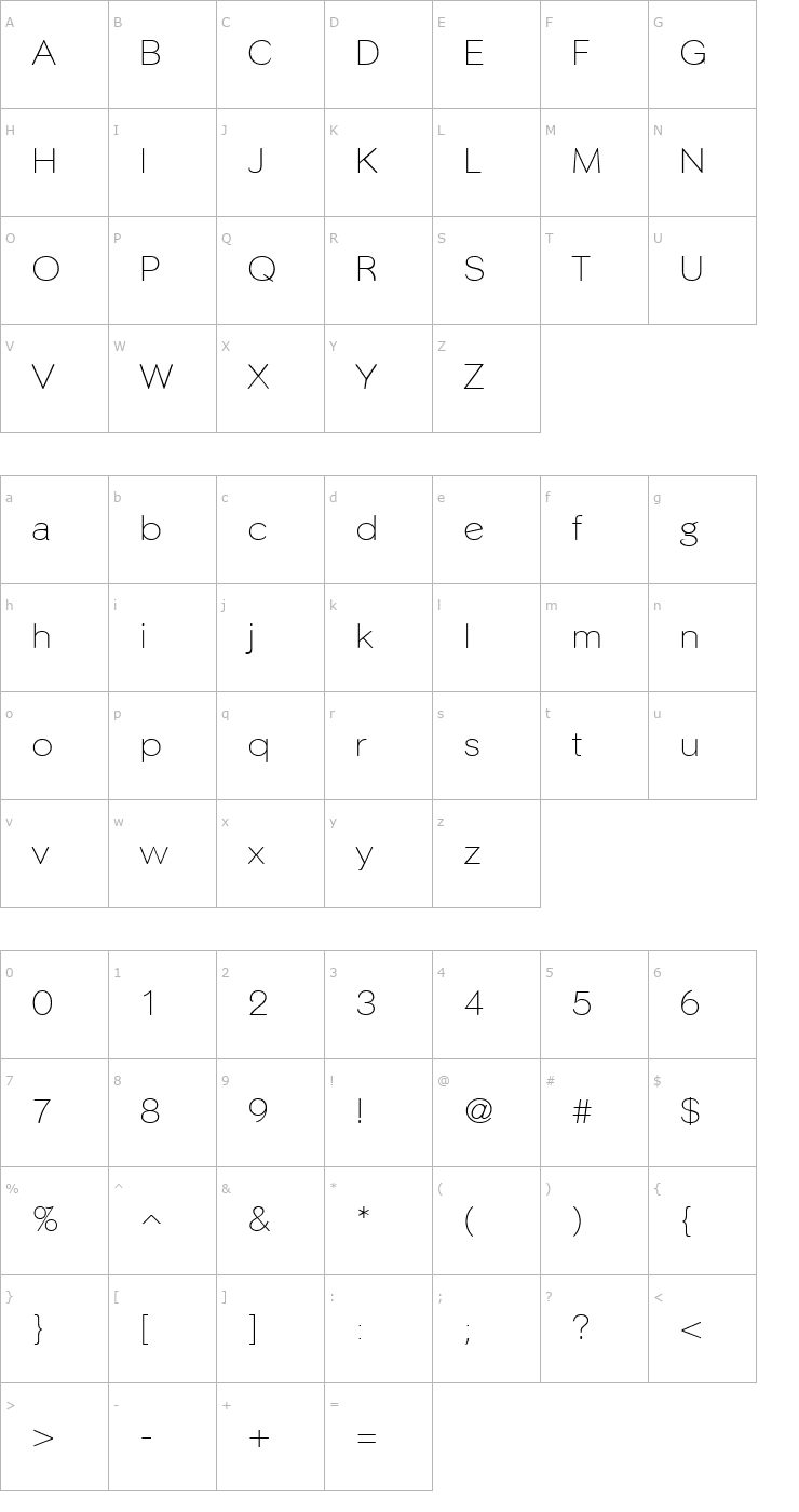 Character Map Phinster Fine Font