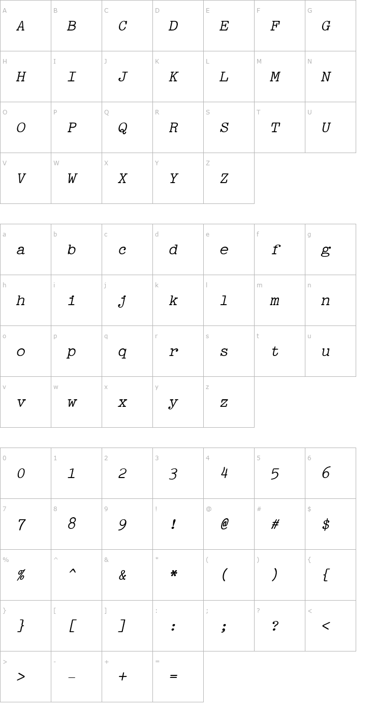 Character Map Pica BoldItalic Font