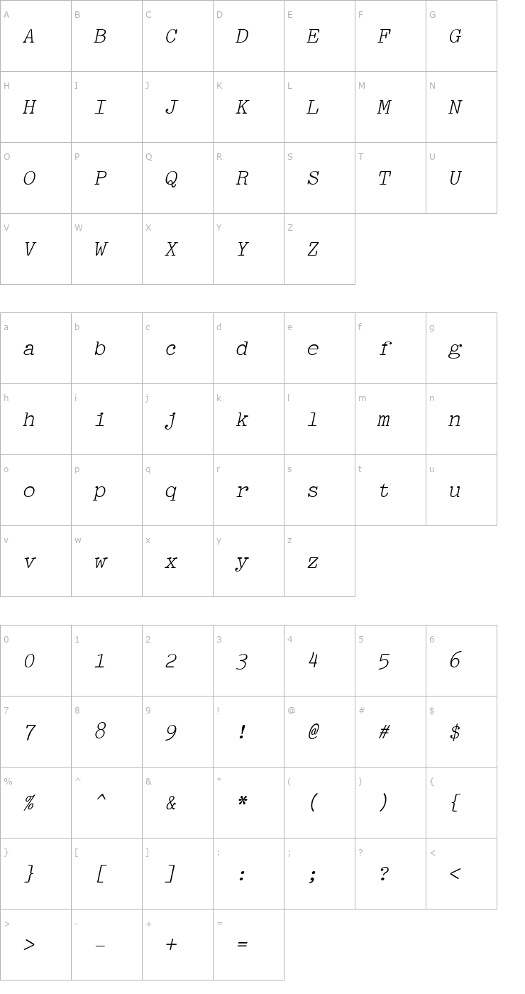Character Map Pica Italic Font