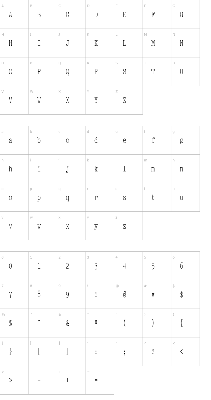 Character Map PicaCondensed Font