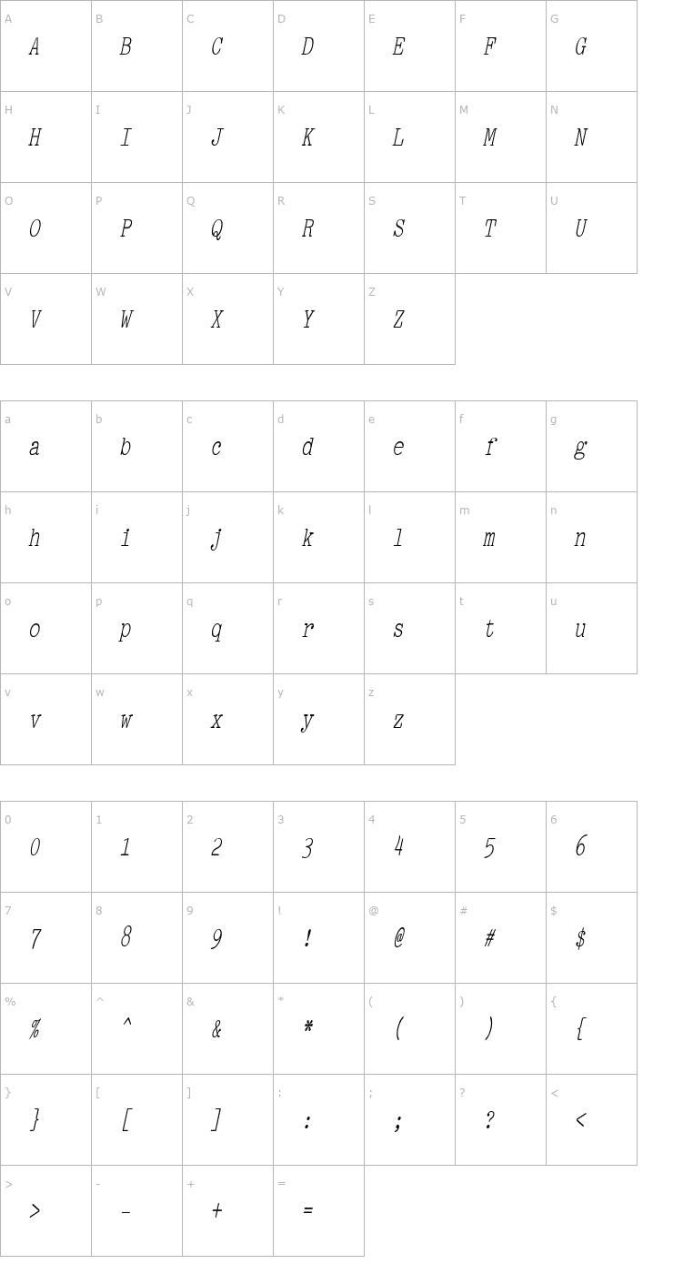 Character Map PicaCondensed Italic Font