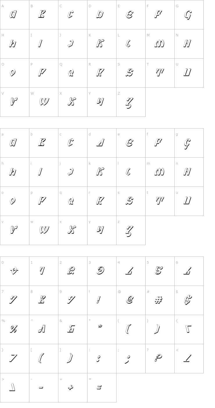 Character Map Piper Pie 3D Italic Font