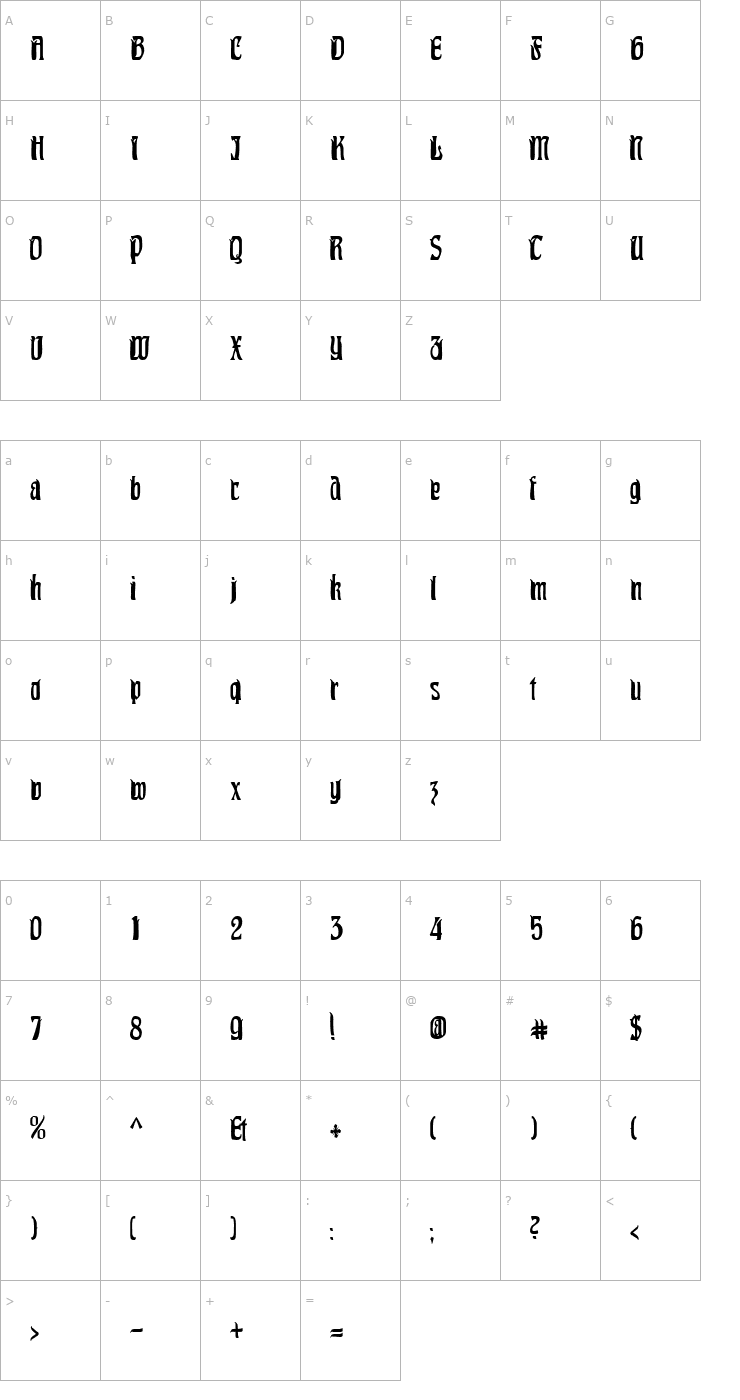 Character Map Pittoresk Condensed Font