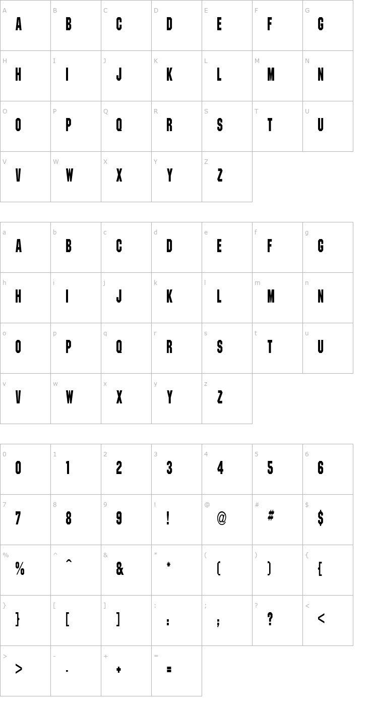 Character Map PittsburghCondensed Font