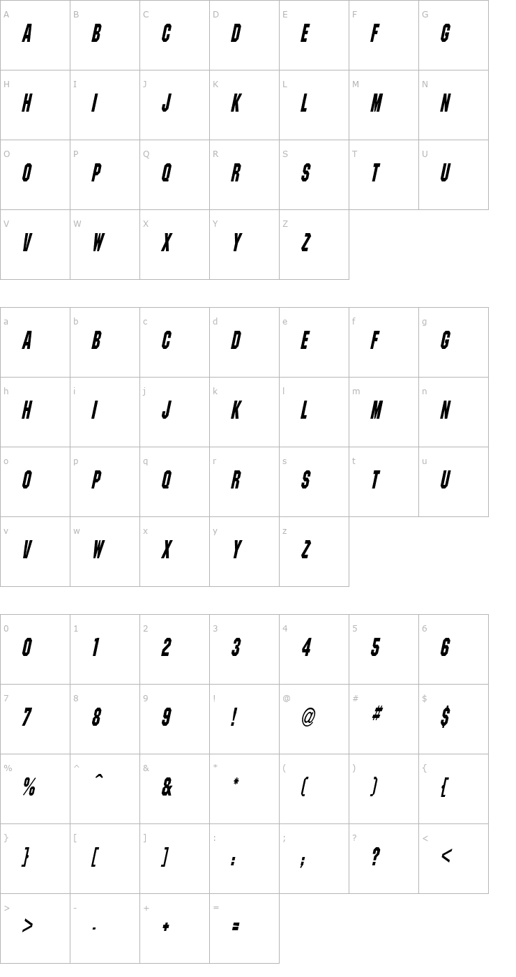 Character Map PittsburghCondensed Oblique Font