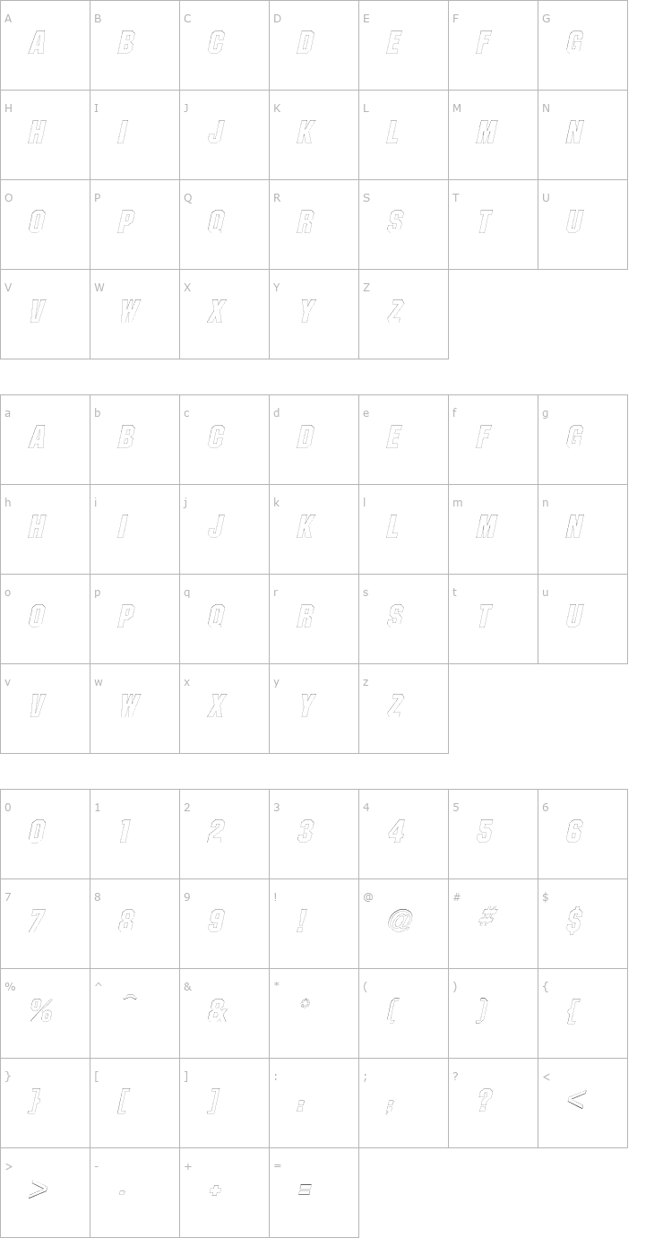 Character Map PittsburghOutline Oblique Font