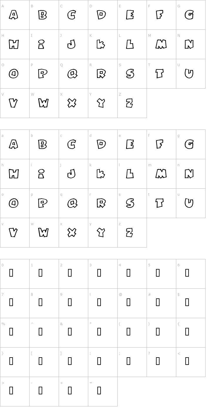 Character Map PizzaDudeFatOutline Font