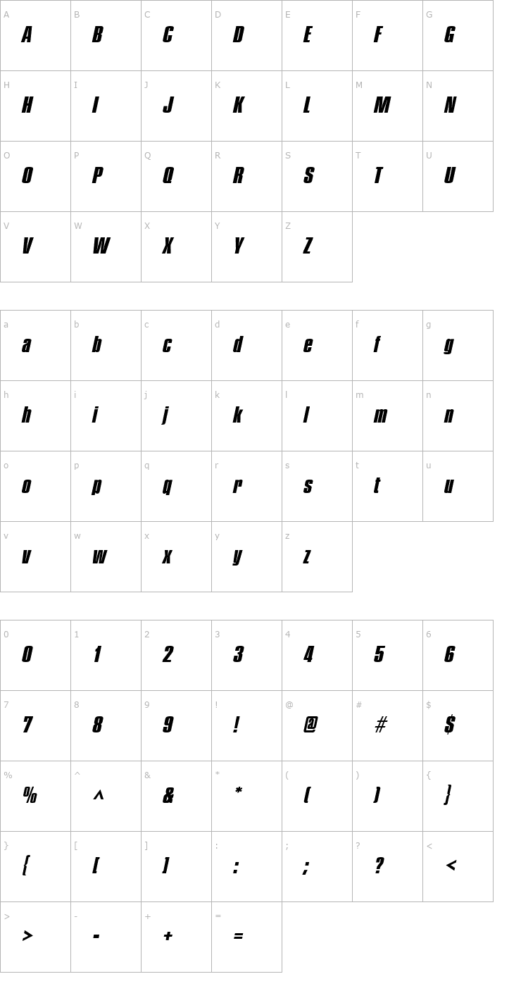 Character Map PledgeHeavy Italic Font
