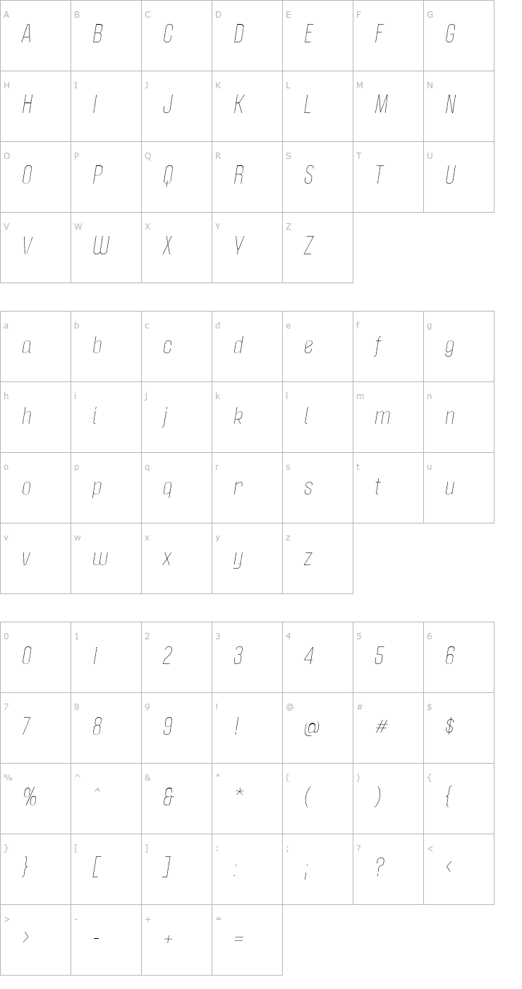 Character Map Politica Light Italic Font