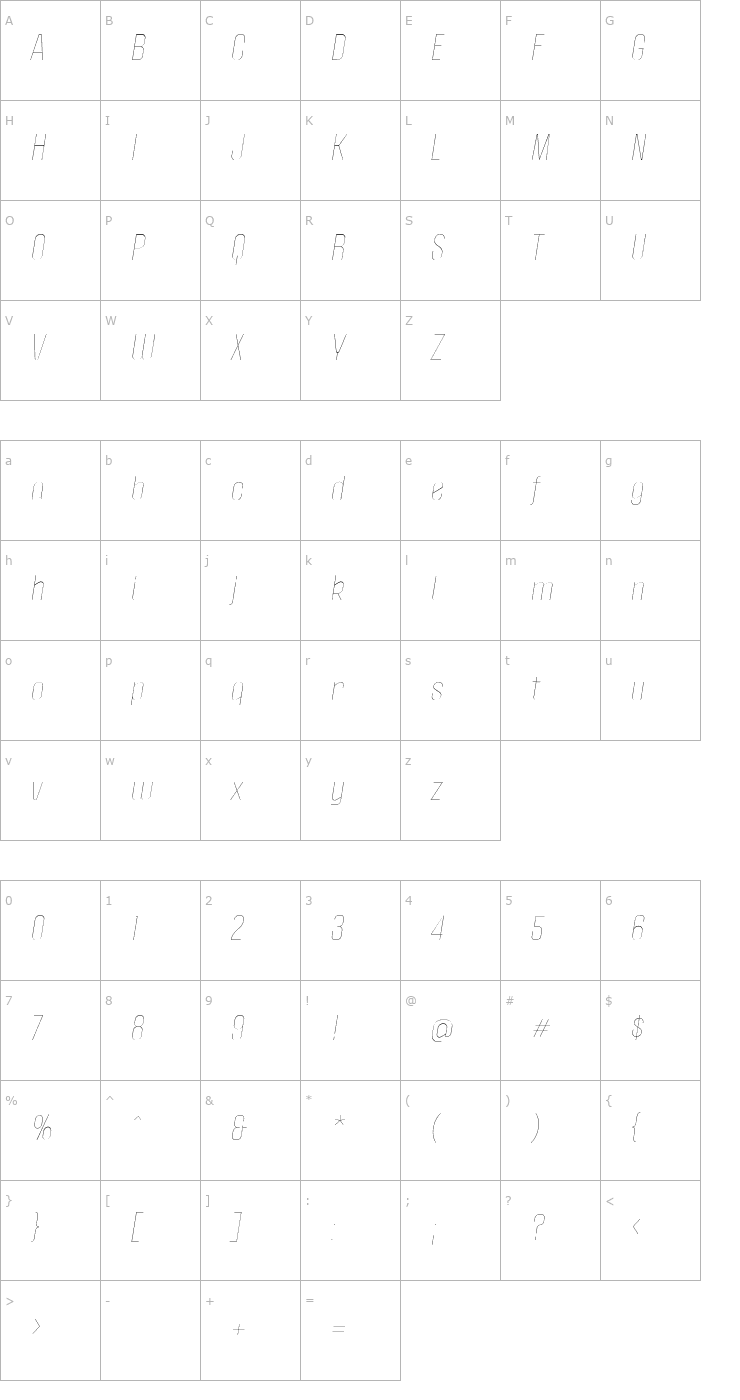 Character Map Politica Thin Italic Font
