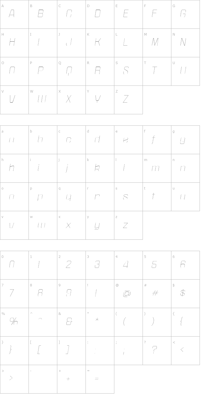 Character Map Politica XT Thin Italic Font
