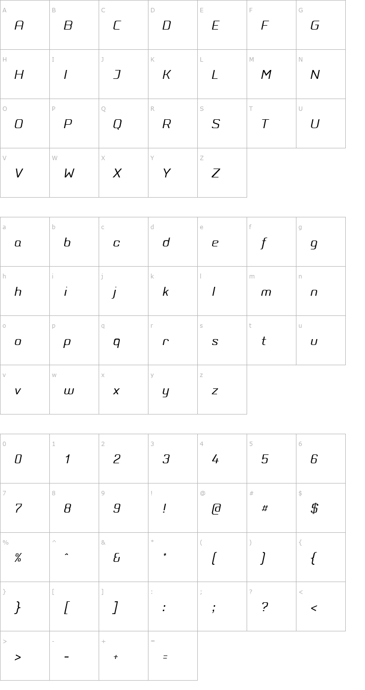 Character Map PositecLightItalic Font
