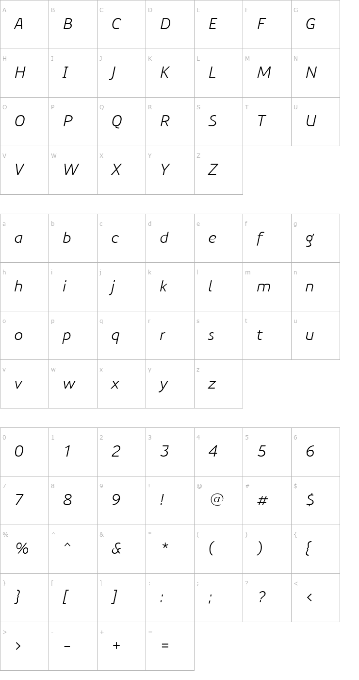 Character Map PreciousSans-BookItalic Font