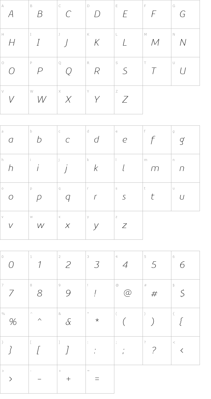 Character Map PreciousSans-LightItalic Font