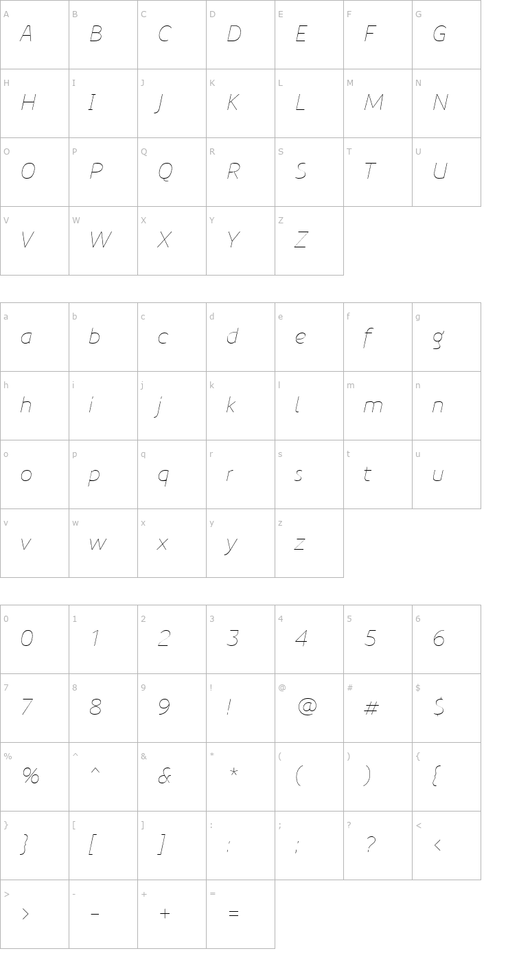 Character Map PreciousSans-ThinItalic Font