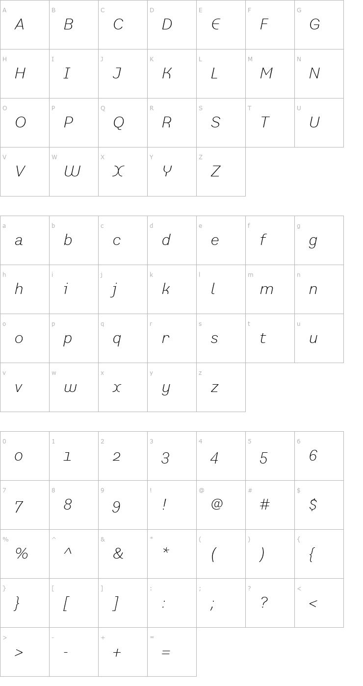 Character Map PrefaceLight Italic Font