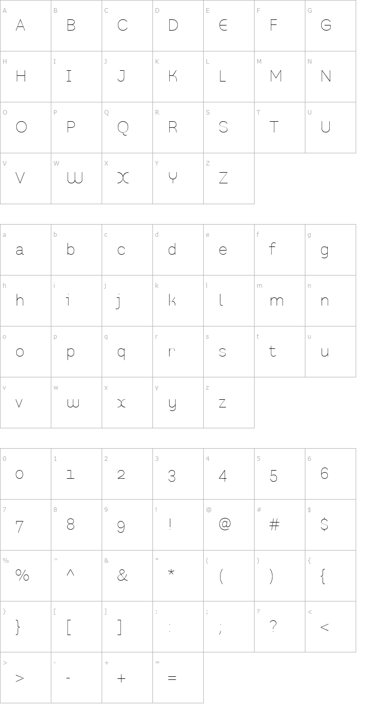 Character Map PrefaceThin Font