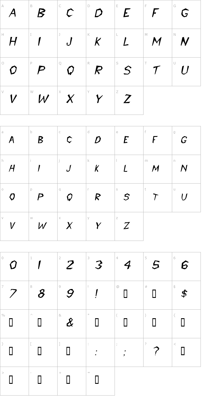 Character Map Prehistoric Italic Font