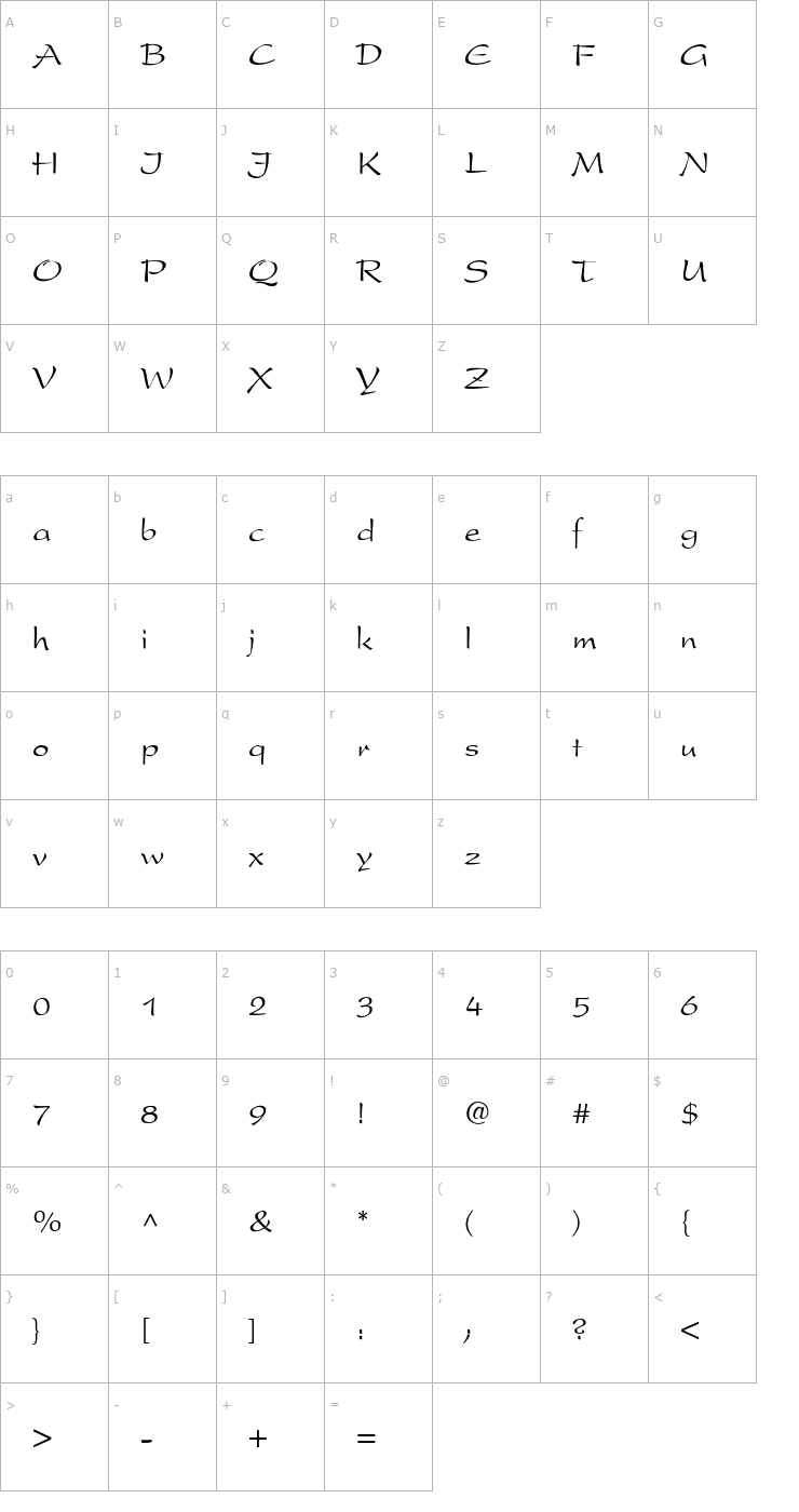 Character Map PresentScript-Thin Font