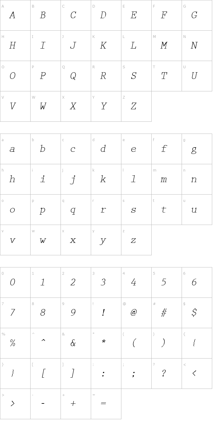 Character Map Prestige Italic Font