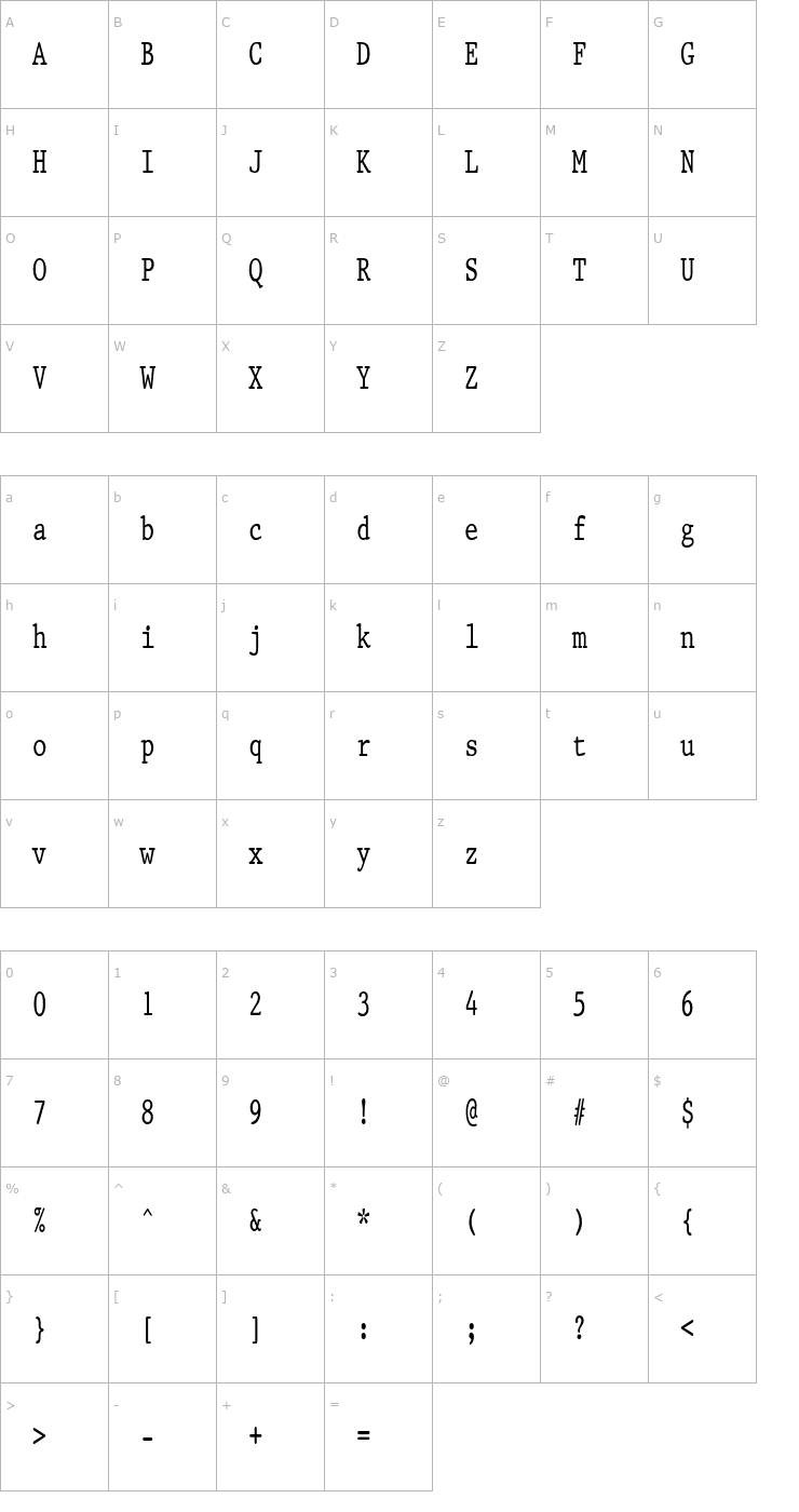 Character Map PrestigeCondensed Font