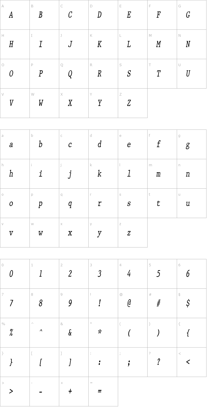 Character Map PrestigeCondensed Italic Font