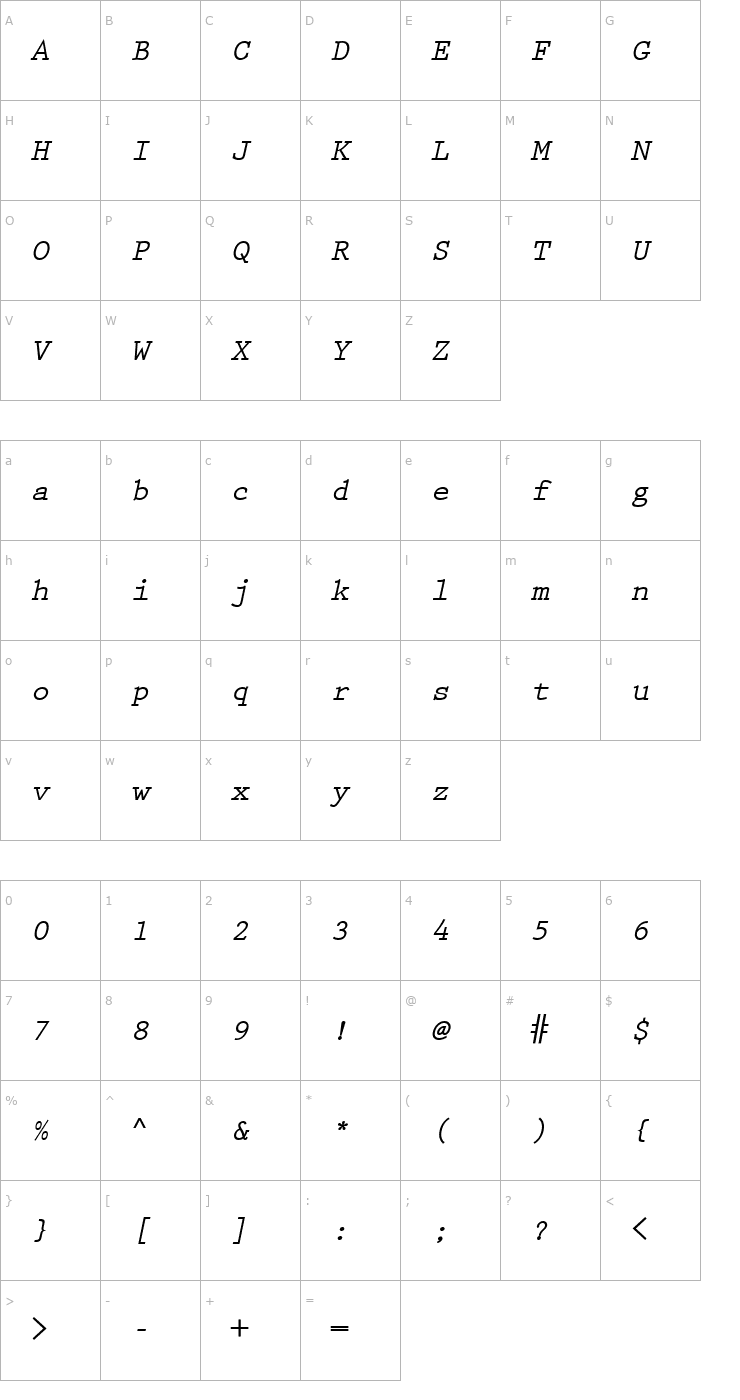Character Map PrestigeEliteSlanted-Bold Font