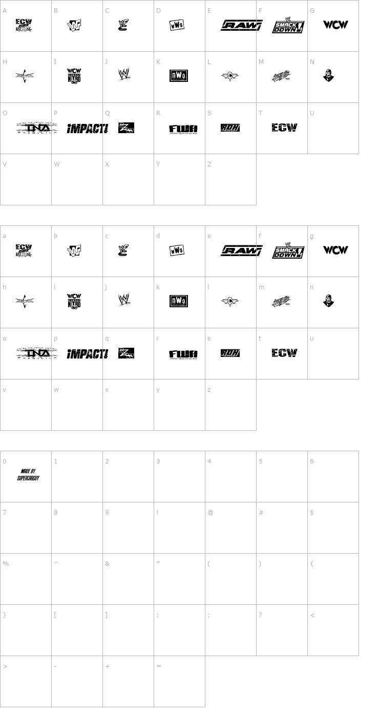 Character Map Pro Wrestling Logos Font