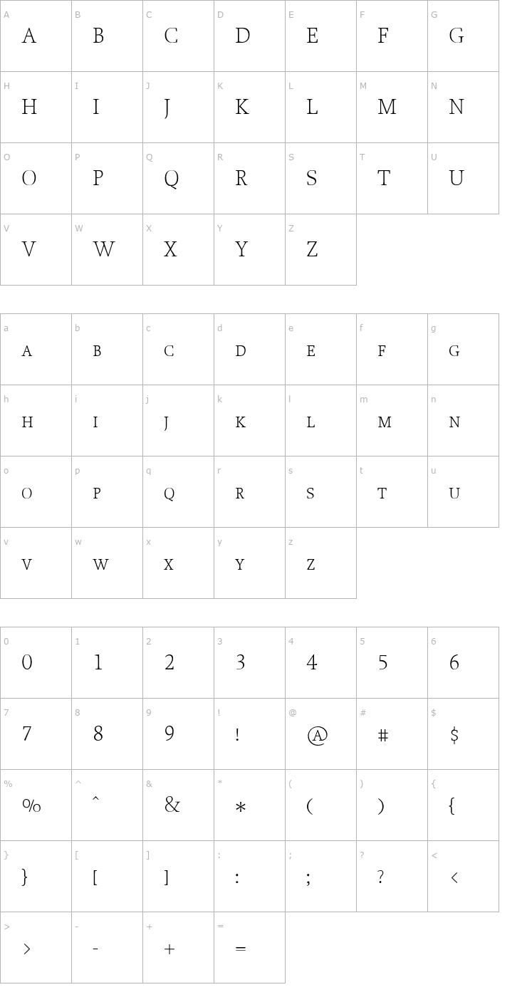 Character Map Proforma UltraLightSC Font