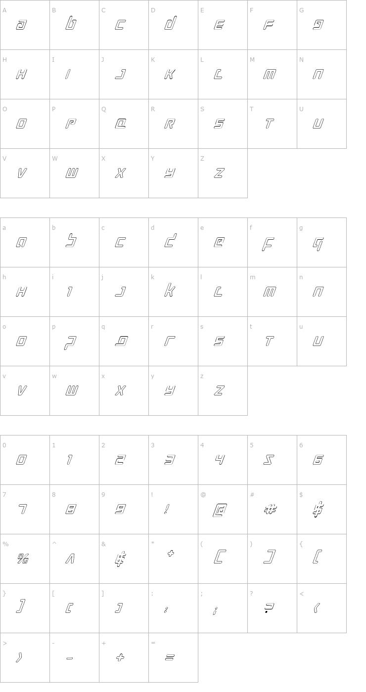 Character Map Prokofiev Outline Italic Font