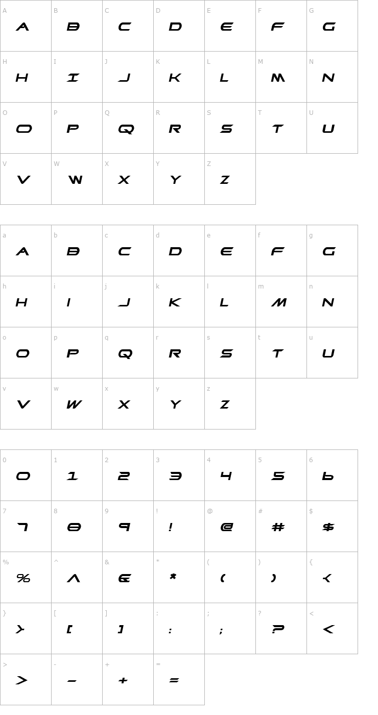 Character Map Promethean Bold Expanded Italic Font