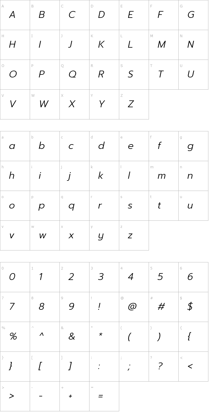 Character Map Prompt Light Italic Font