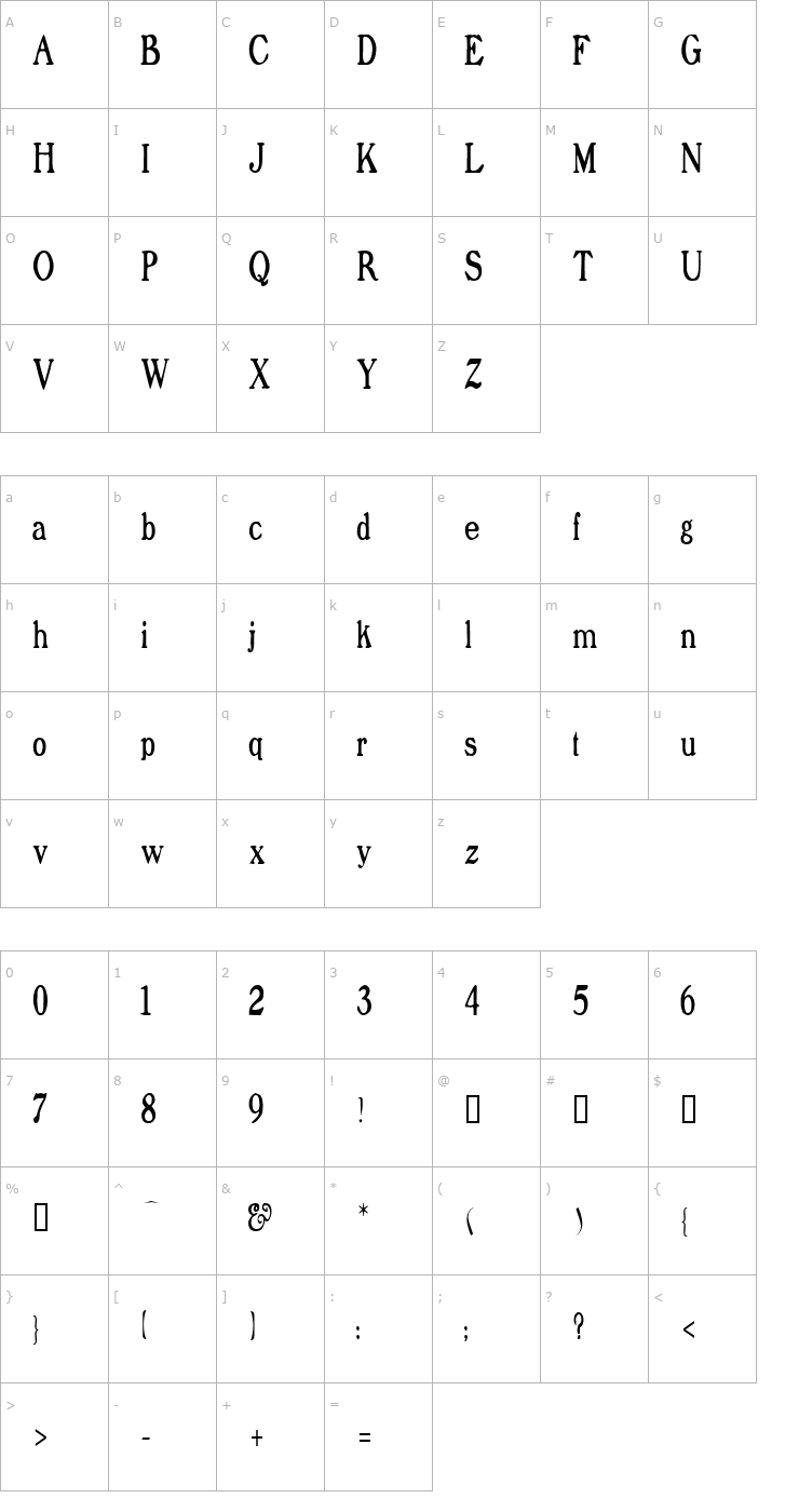 Character Map ProphetCondensed Font