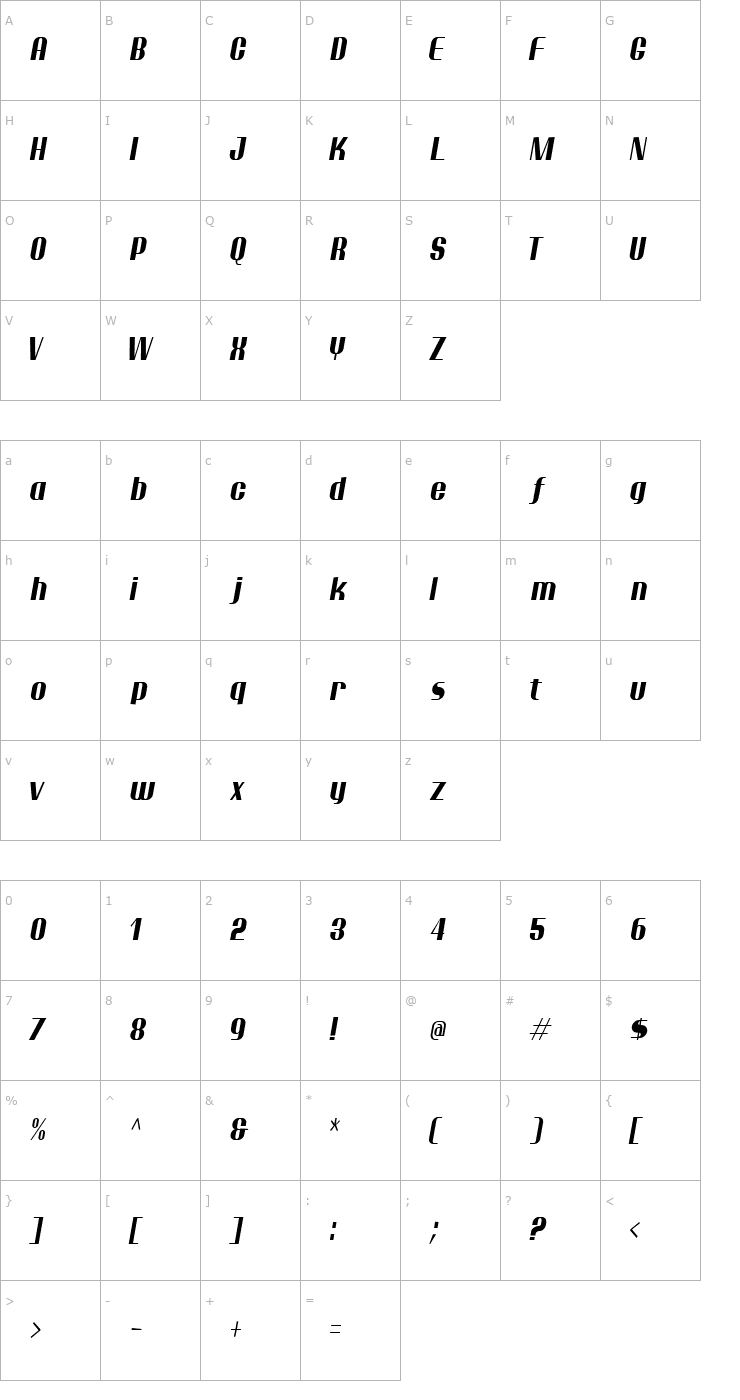 Character Map Ptarmigan Condensed Italic Font