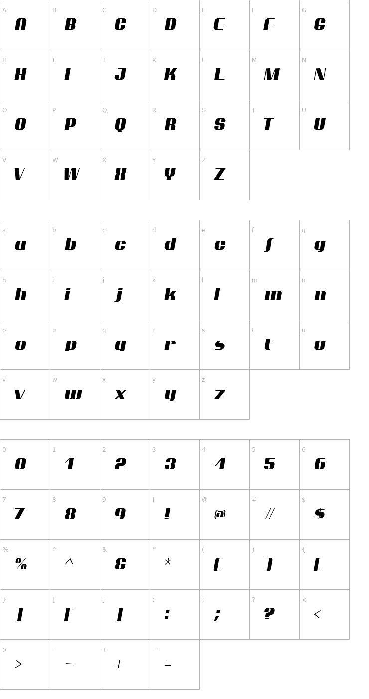 Character Map Ptarmigan Italic Font