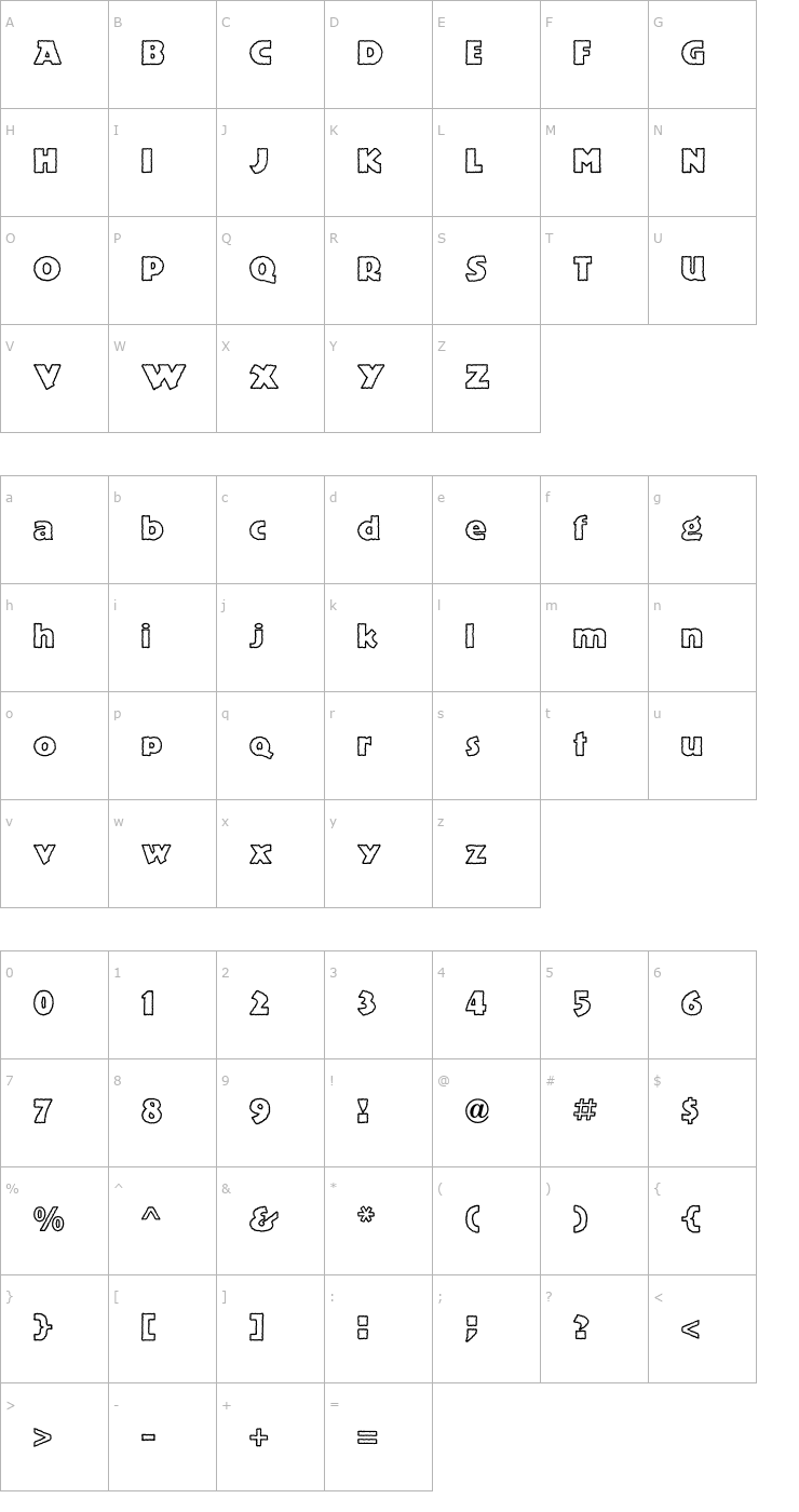 Character Map Publicity Gothic ICG Out Font