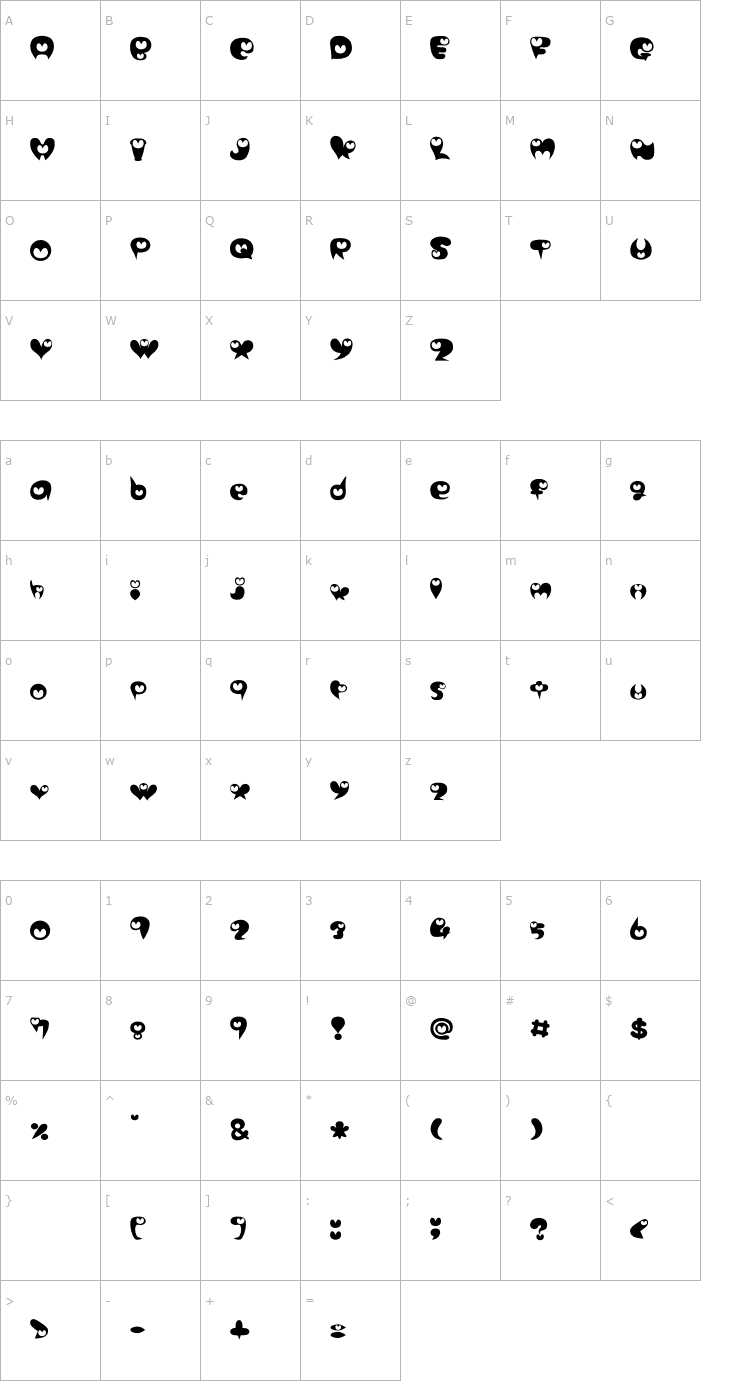 Character Map purimonyorori2 Font