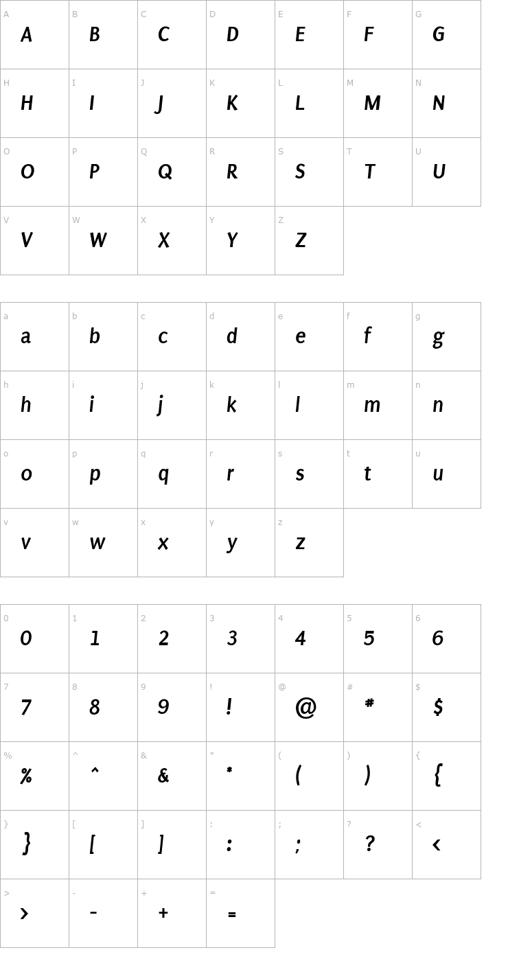 Character Map Puritan Bold Italic Font