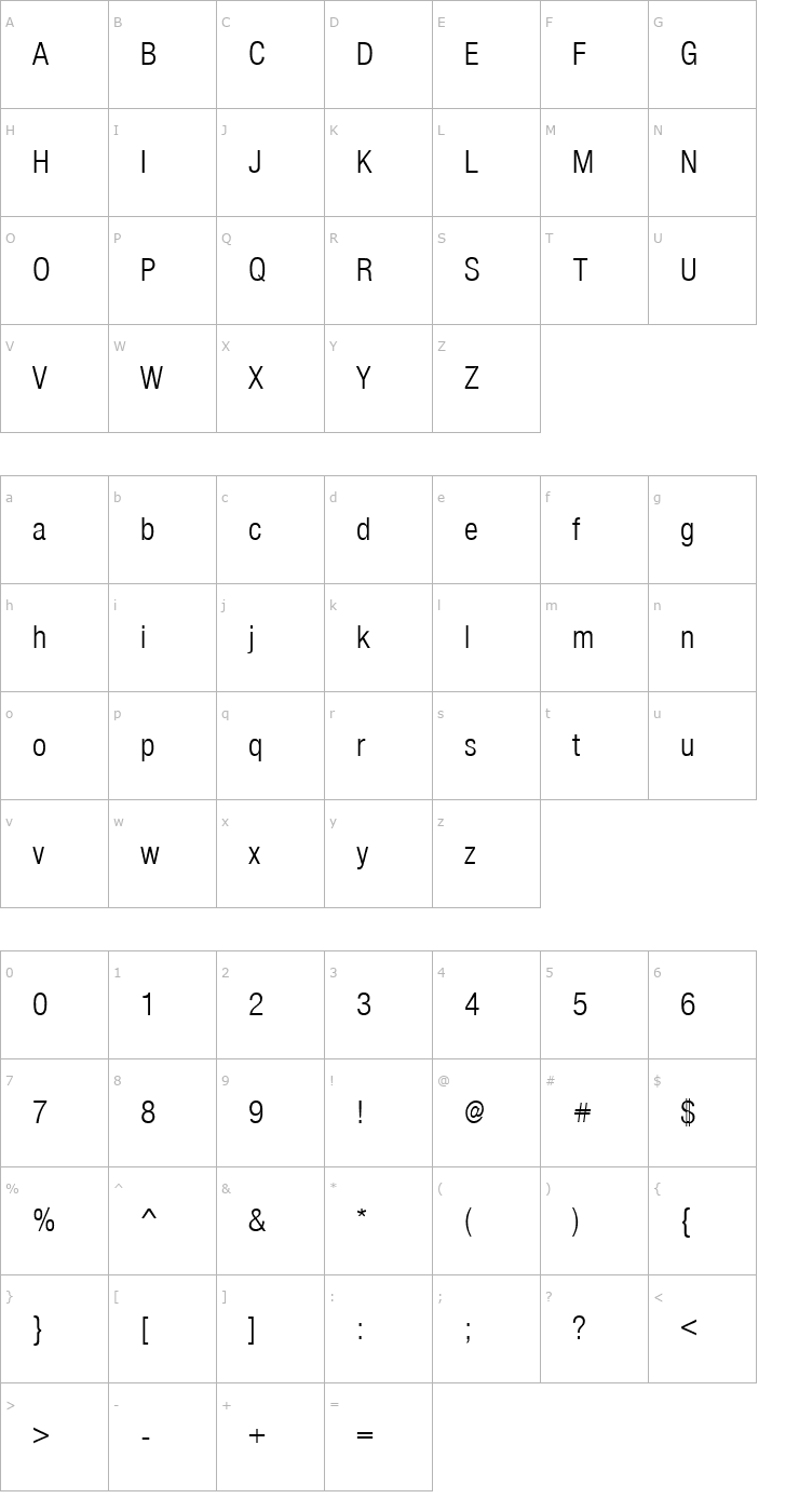 Character Map QTHelvetCnd-Light Regular Font