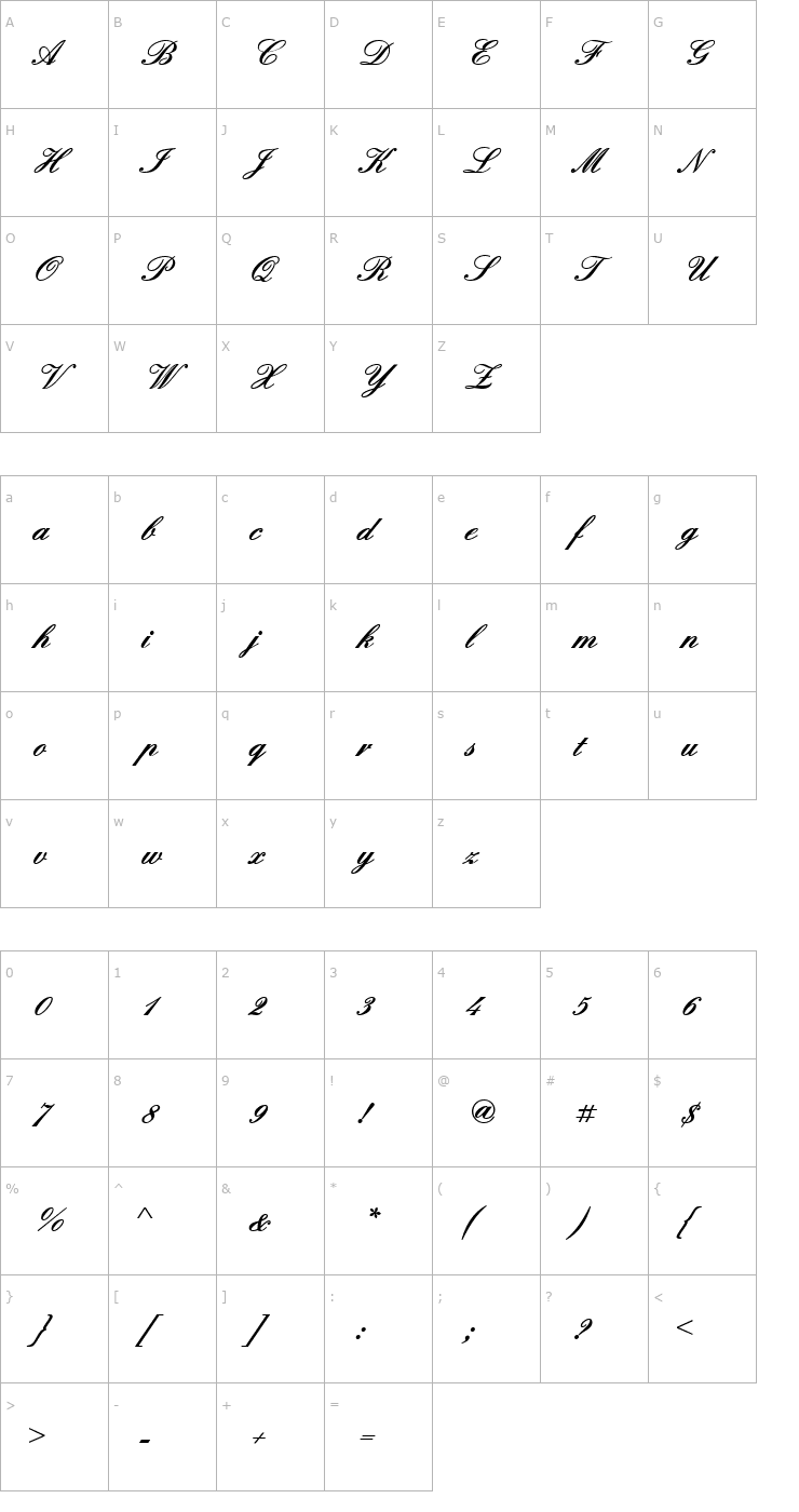Character Map QuadrilleScriptBlackSSK Bold Font