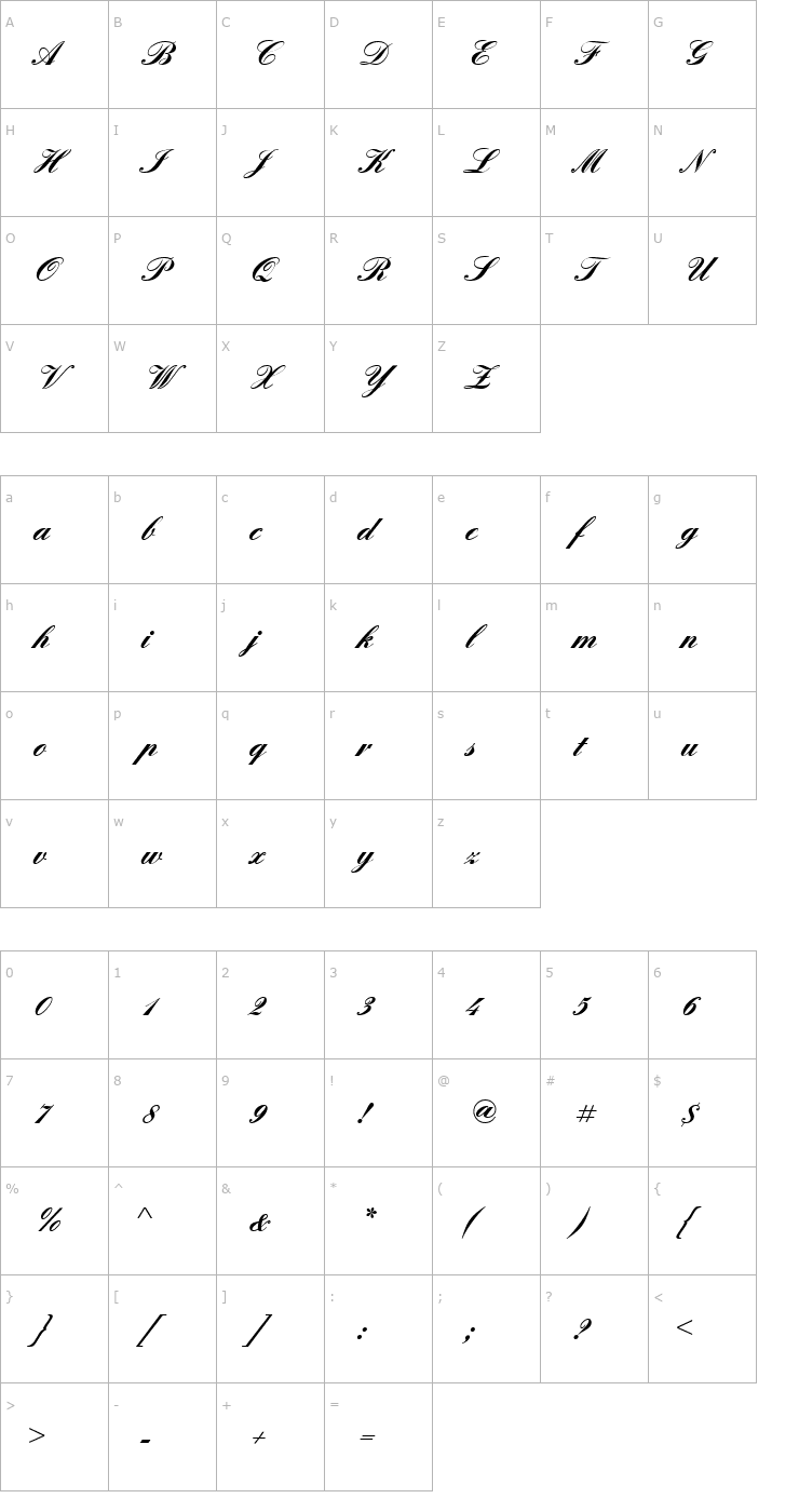 Character Map QuadrilleScriptSSK Bold Font