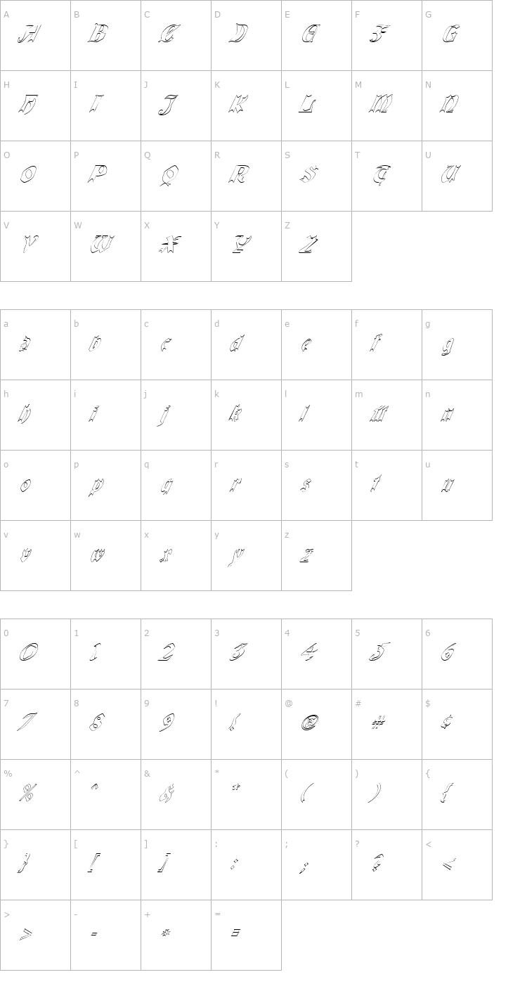 Character Map QuaelGothicHollowItalics Font