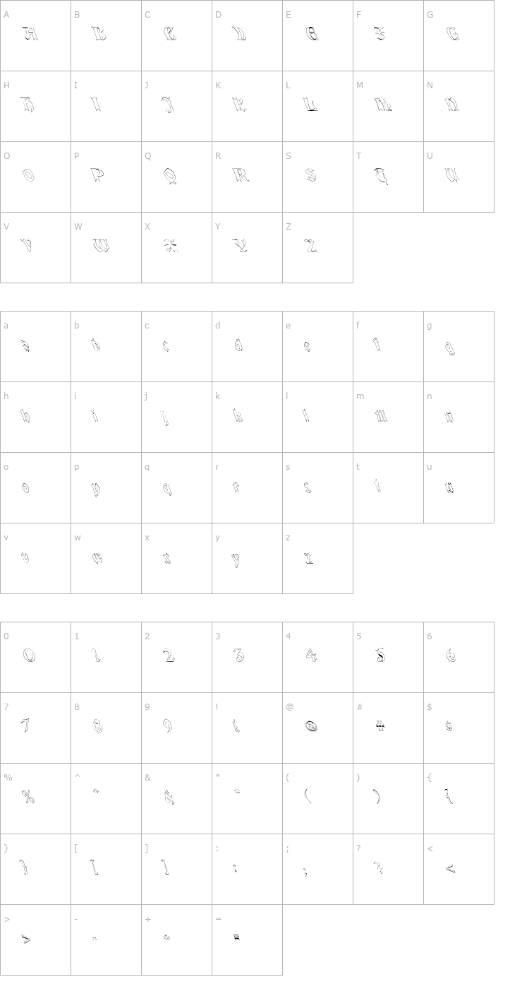 Character Map QuaelGothicHollowLeftyCondensed Font