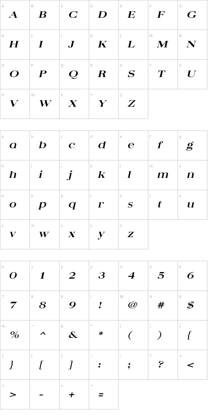Character Map QuantasBroad Bold Italic Font