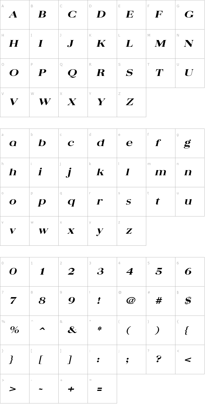 Character Map QuantasBroadExtrabold Italic Font
